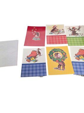 Vtg Curious George Christmas Cards Collectible Set Of Six Cards W/envelopes